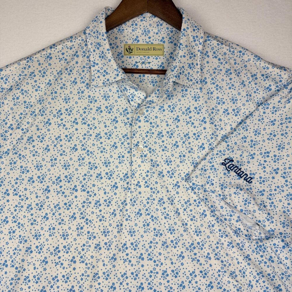 Donald Ross Men's Large Floral Performance Golf Polo Blue White Stretch
